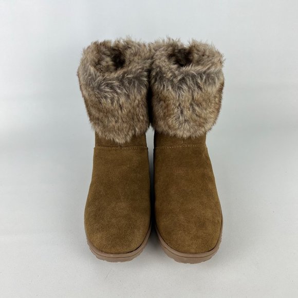 Minnetonka Somerville Womens Brown Suede Ankle Boot Faux Fur Cuff Pom Pom size 8 - Picture 2 of 13